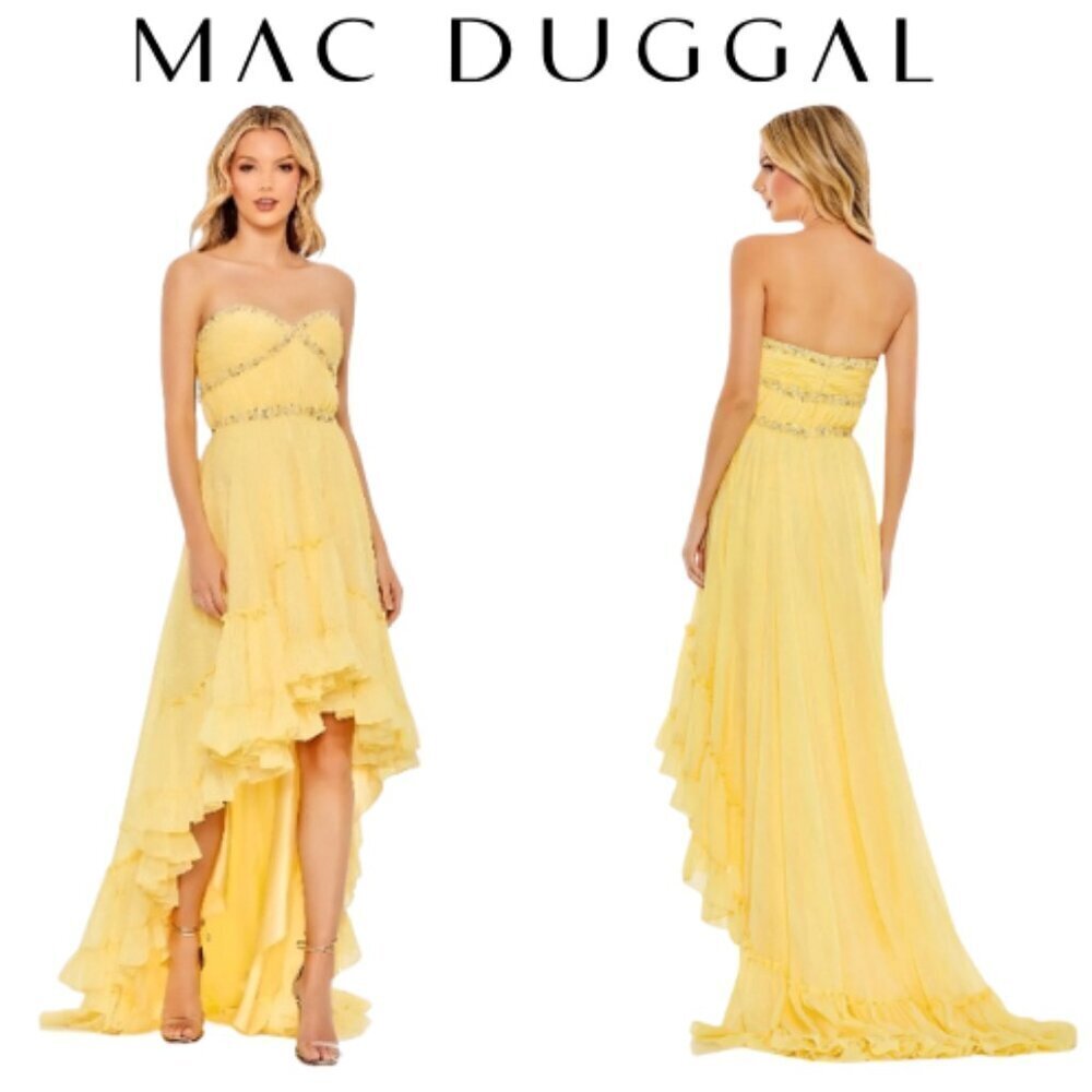 Mac Duggal Elegant Lemon Yellow Beaded High-Low Ruffle Gown NWT - Picture 4 of 4